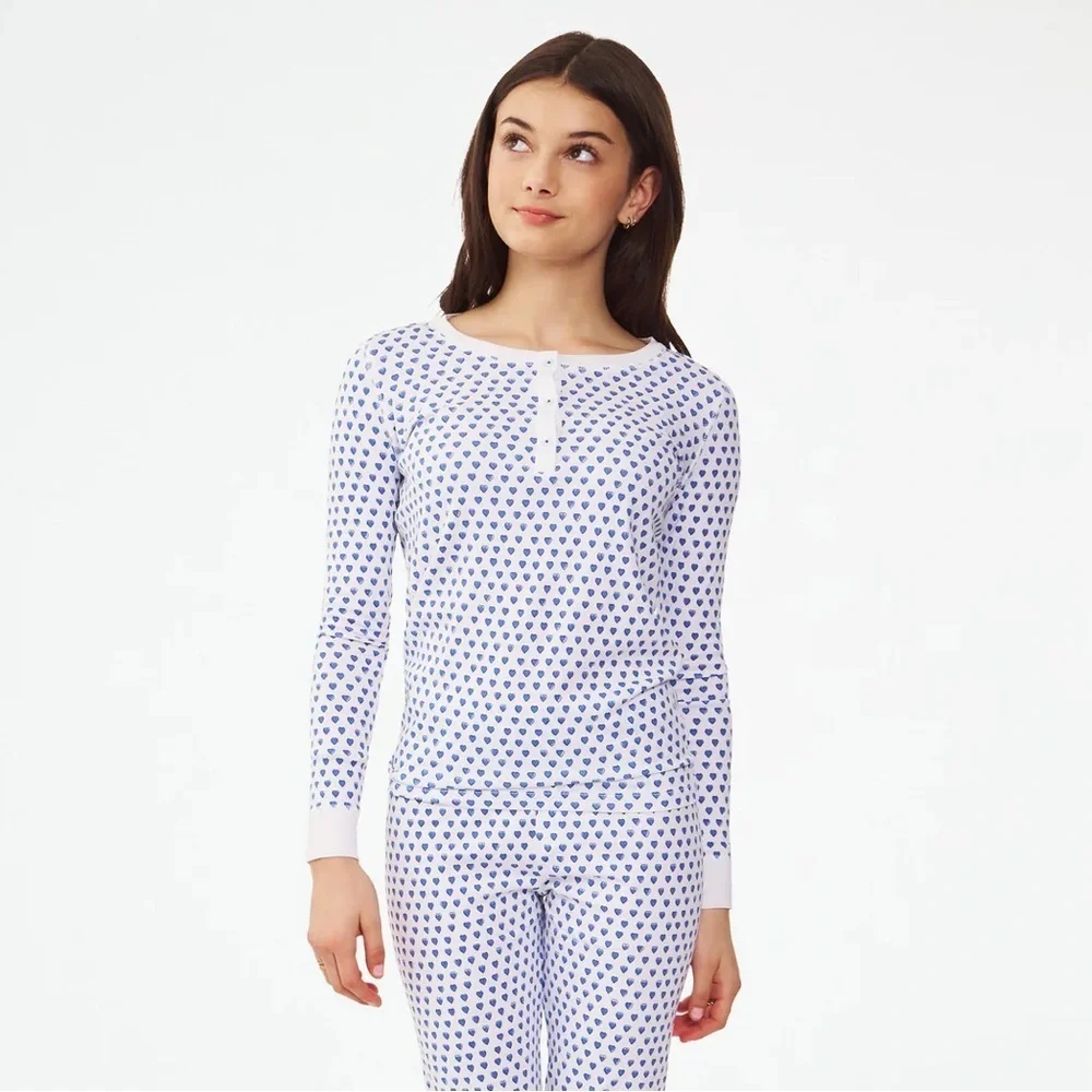 Roller Rabbit Heart Pajama 3 Button Long Sleeve Henley Top in Blue PLEASE READ